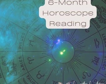 May include: A teal and green graphic featuring a zodiac wheel with astrological symbols. A white, stylized label reads "6-Month Horoscope Reading." The image has a cosmic, starry background and a butterfly graphic.