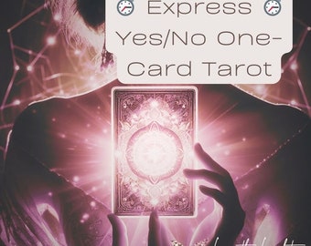 Könnte beinhalten: Eine Tarotkarte mit einem leuchtenden Mandala-Design in der Mitte. Die Karte wird von den Händen einer Person gehalten, vor einem rosa und violetten Hintergrund. Der Text "Express Yes/No One-Card Tarot" befindet sich oben im Bild, und "Live the Light" unten.