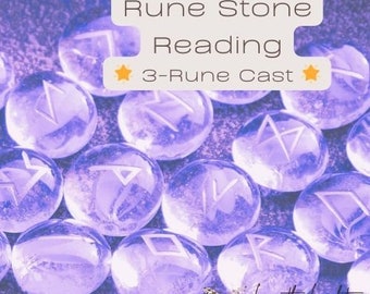 Puede incluir: Piedras de runas moradas con marcas blancas, dispuestas en círculo sobre una superficie texturizada. El texto "Rune Stone Reading 3-Rune Cast" se muestra sobre las piedras.