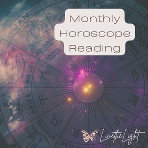 May include: A purple and black zodiac wheel with a bright star in the center. The text "Monthly Horoscope Reading" is in a white box on top of the wheel. The text "Livethe Light" is at the bottom of the wheel.