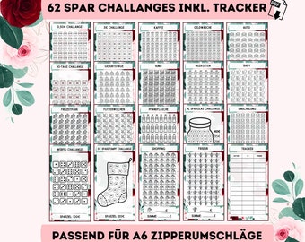 Umschlagmethode A6 Spar Challange 62 Vorlagen +Tracker PDF Budgetbuch Binder Spar Challange Sparziele Sparen Umschlagmethode Budget Download