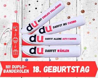 18 Geburtstag Duplo Banderolen Verpackungen Endlich 18 DIY Geschenk Volljährigkeit Geschenk zum 18 volljährig 18ter Geburtstag 101 Vorlagen