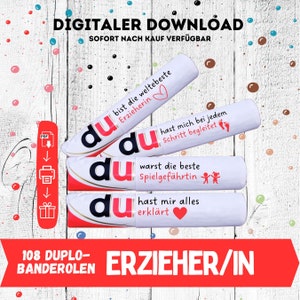May include: A set of four white and red labels with the word "du" printed on them. The labels have different messages printed on them, including "You are the best teacher", "You have accompanied me every step of the way", "You were the best playmate", and "You have explained everything to me". The labels are designed for use with 108 Duplo banderoles.