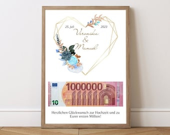 Personalized wedding gift, first million euro cash gift for the bride and groom, DIY wedding gift, digital template download