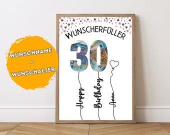 Personalized money gift for birthdays - Wish fulfiller - Money gift template for birthdays - Instant download - Last minute - 18, 20, 30, 40, 50, 60