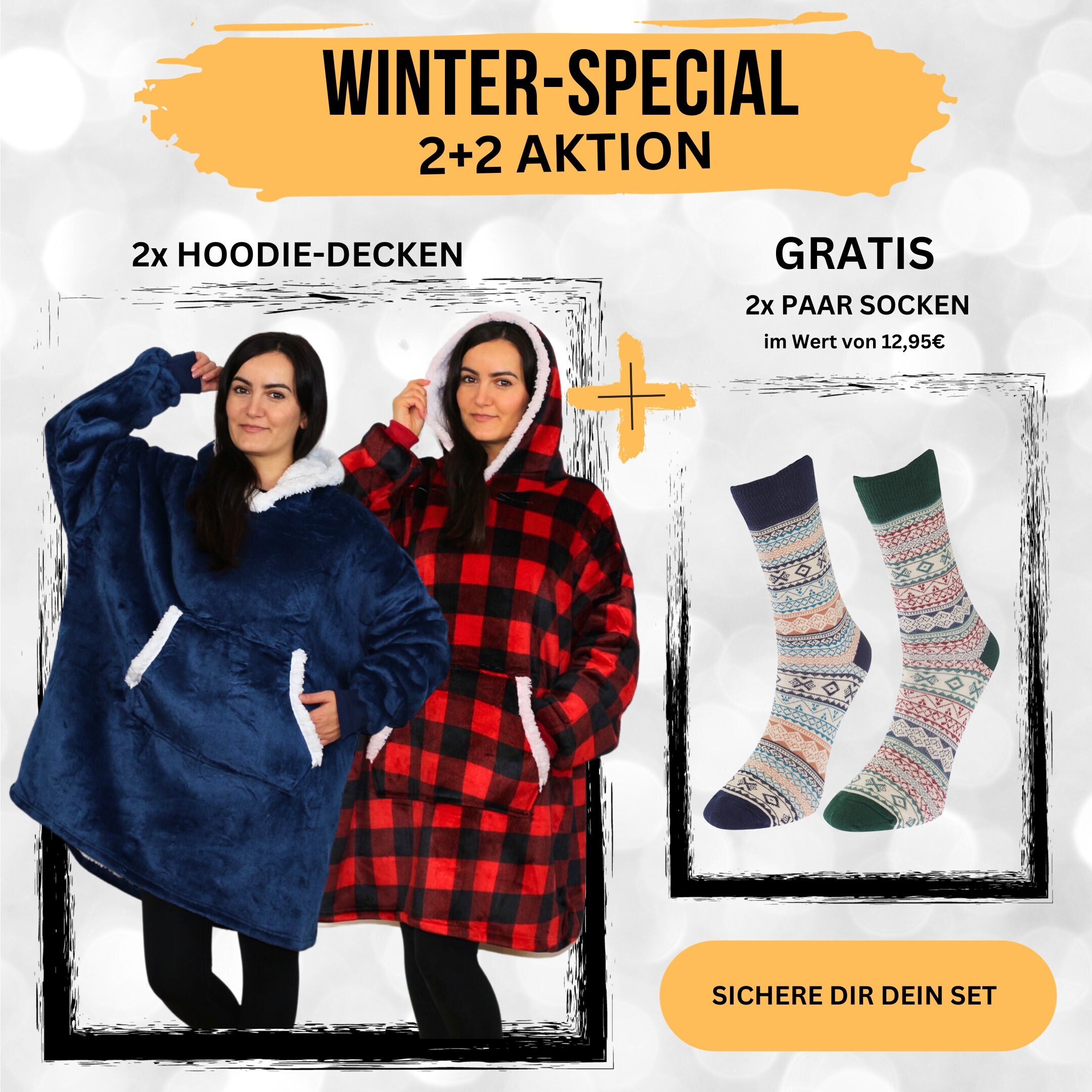 Deckenhoodie Hoodie Decke Kuschel Pullover Set 2 Hoodies + 2 Paar Socken Decken Pulli Kuscheldecke Ärmel warm Überwurf Decke oversized hoody