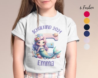 Personalized t-shirt for first day of school with name, mermaid design, gift for girls, schoolchild 2024, first day of school t-shirt