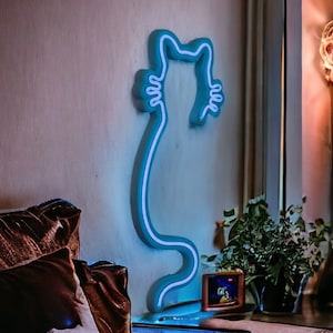 Cat Led Neon Sign Wall Decor - Handmade Custom Neon - Bedroom Decor - Animal Led Neon Sign - Blue Cat Home Room Wall Art - Cat Night Light