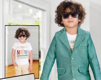 Boys Formal Outfit, First Birthday, Wedding, Boys striped Green Jacket, T Shirt, Boys Formal Wear, Special Occasion , smart trouser, Party.