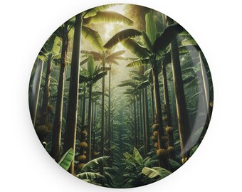 May include: A round button featuring a lush, green banana tree forest scene. Tall, slender trees with large, green leaves create a dense canopy. The image evokes a sense of depth and tranquility, with sunlight filtering through the foliage.