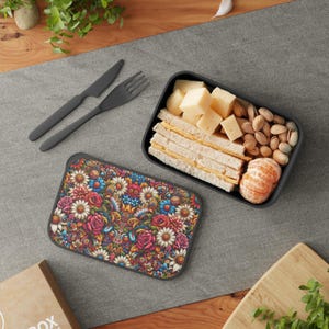 Bento Box - Colorful Flower Patterned Bento Box with Band and Utensils, Floral Design, Lunch Container, Food Storage Container, Eco-Friendly