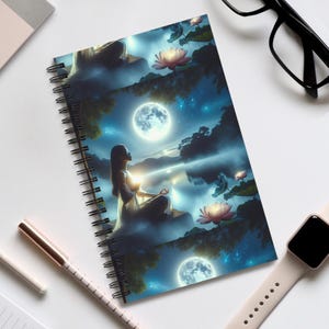 Puede incluir: Cuaderno de espiral con una ilustración serena de una persona meditando bajo la luna llena, rodeada de flores de loto y un cielo estrellado. La portada tiene una calidad onírica y etérea, con colores suaves y una sensación de tranquilidad.