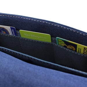 May include: A blue fabric wallet with multiple card slots. The wallet contains several cards, including a Walt Disney World card and a Scooby-Doo card. White stitching accents the edges of the wallet.