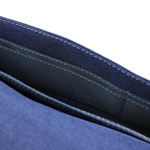 May include: Close-up of a blue denim handbag interior. The bag features multiple compartments with white stitching details. The interior is a darker shade of blue, and a zipper is visible at the bottom.