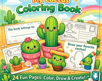 Cactus Coloring Book for Kids – 24 Page Draw & Color Activity (Digital Download)