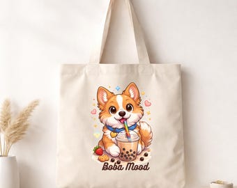 Corgi Boba Tote Bag | Whimsical Dog Bubble Tea Canvas Market Bag