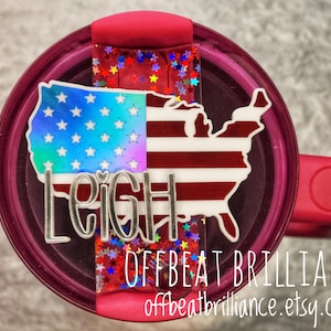 July 4th Stanley Name Topper, Patriotic Tumbler Bow, Res, White, and Blue Straw Charm, USA Name Plate, American Flag Quencher Accessories