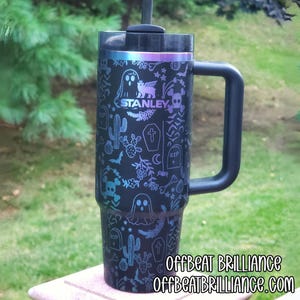 Halloween Ghost Doodles Engraved Stanley Tumbler, Custom Ghouls Stanley Cup, Engraved Graveyard Bats Tumbler, Spooky Season Skeleton Stanley
