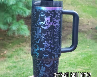Halloween Ghost Doodles Engraved Stanley Tumbler, Custom Ghouls Stanley Cup, Engraved Graveyard Bats Tumbler, Spooky Season Skeleton Stanley