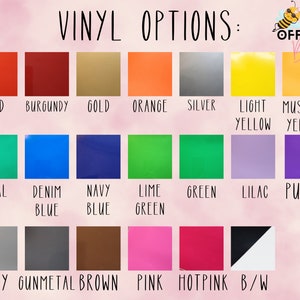 Puede incluir: Un gr&aacute;fico que muestra 16 colores de vinilo diferentes, incluyendo rojo, burdeos, dorado, naranja, plateado, amarillo claro, amarillo mostaza, azul verdoso, azul vaquero, azul marino, verde lima, verde, lila, morado, gris, gris metalizado, marr&oacute;n, rosa, rosa intenso y blanco y negro.