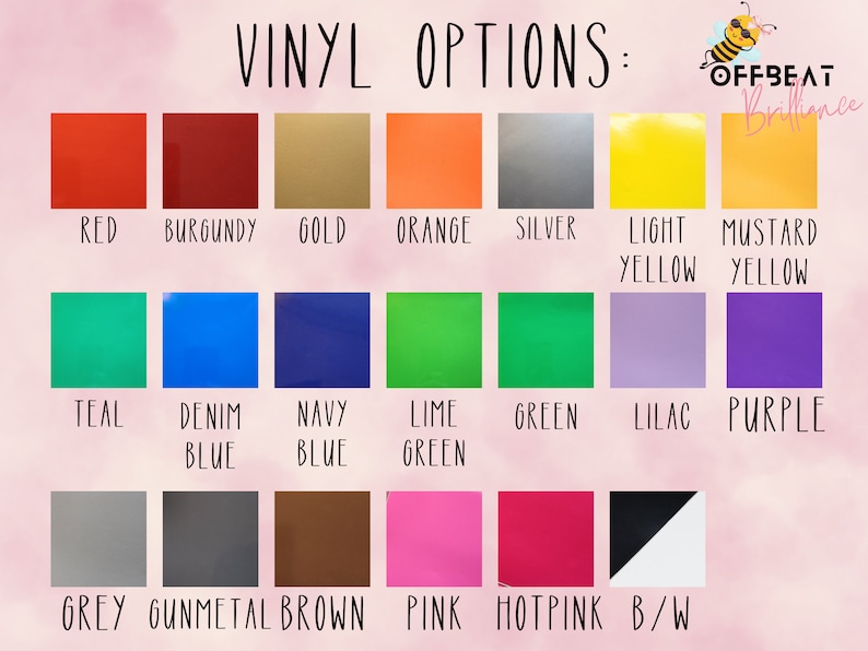 Puede incluir: Un gr&aacute;fico que muestra 16 colores de vinilo diferentes, incluyendo rojo, burdeos, dorado, naranja, plateado, amarillo claro, amarillo mostaza, azul verdoso, azul vaquero, azul marino, verde lima, verde, lila, morado, gris, gris metalizado, marr&oacute;n, rosa, rosa intenso y blanco y negro.