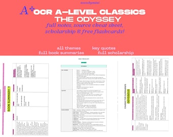 May include: A study guide for OCR A-Level Classics, titled "The Odyssey." The pink and white document includes full notes, summaries, key quotes, and flashcards. The text includes "all themes," "full book summaries," and "full scholarship."