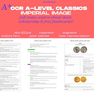 May include: A study guide in pink and white, titled "A+ OCR A-Level Classics Imperial Image", offering notes, a source cheat sheet, and flashcards. It covers Roman history, with text and images.