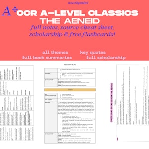 Puede incluir: Una guía de estudio para OCR A-Level Classics, "La Eneida". El documento presenta resúmenes, citas clave e información sobre becas. El título está en texto blanco y morado sobre un fondo rojo. El texto adicional incluye "¡notas completas, hoja de trucos de origen, becas y tarjetas didácticas gratuitas!"