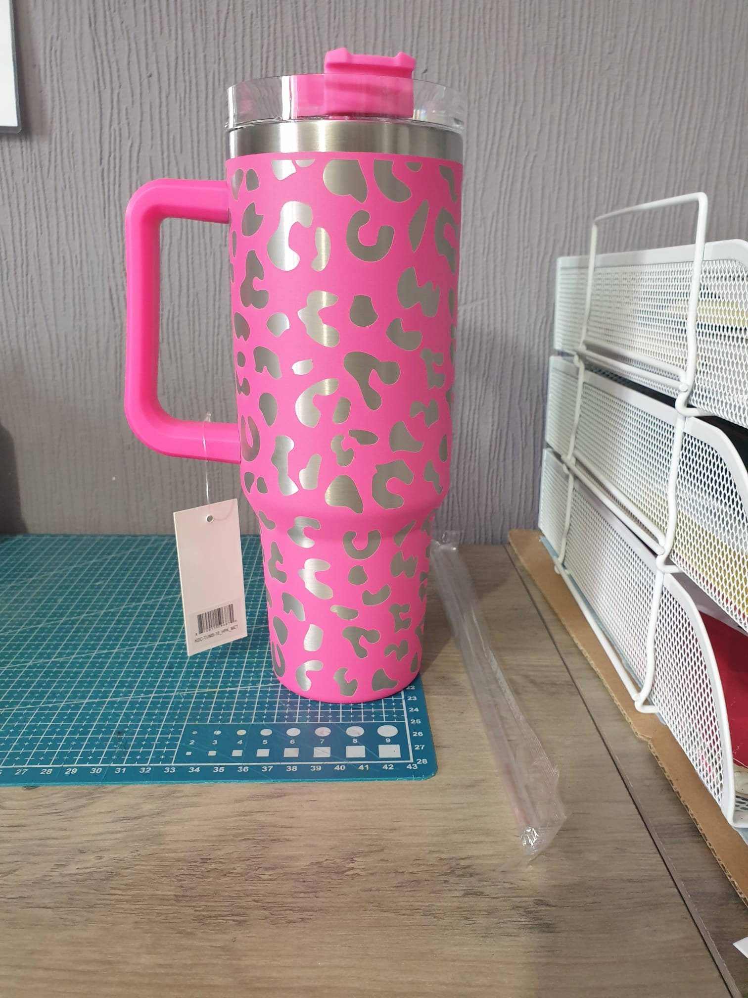 Hot Pink Metallic Leopard Tumbler Cup with Handle