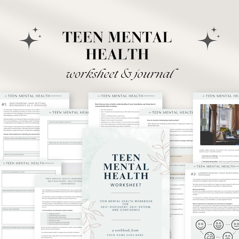 K&ouml;nnte beinhalten: Ein blaugr&uuml;nes und wei&szlig;es Arbeitsblatt mit dem Titel "Teen Mental Health Worksheet" und dem Text "Teen Mental Health Workbook for Self-Discovery, Self-Esteem, and Confidence". Das Arbeitsblatt soll Teenagern helfen, ihre psychische Gesundheit zu verbessern.
