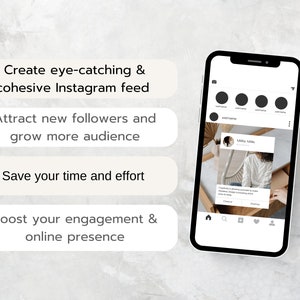May include: A smartphone displaying a mockup of an Instagram feed with a cohesive aesthetic. The text on the screen reads "Millie Mills" and "Creativity is offering something unique to make your brand stand out. The key to achieving this is knowing which areas to focus on and being consistent." The phone is on a white textured surface with four white boxes with text describing the benefits of using Instagram.