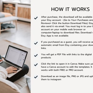May include: A woman sits on a couch using a laptop to download digital products from Etsy. The text on the screen reads "HOW IT WORKS" and explains how to download the files after purchase.