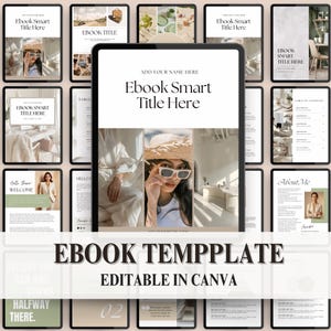 Może przedstawiać: Cyfrowy szablon ebooka wyświetlany na wielu tabletach. Główny tablet pokazuje tytuł "Ebook Smart Title Here" z kolażem zdjęć. Tekst "EBOOK TEMPPLATE EDITABLE IN CANVA" znajduje się na dole. Inne tablety pokazują przykładowe strony.