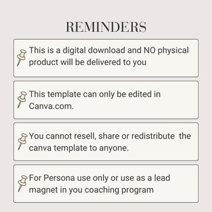 K&ouml;nnte beinhalten: Eine Liste mit Hinweisen f&uuml;r einen digitalen Download. Die Hinweise lauten: Dies ist ein digitaler Download und es wird KEIN physisches Produkt an Sie geliefert. Diese Vorlage kann nur in Canva.com bearbeitet werden. Sie d&uuml;rfen die Canva-Vorlage weder weiterverkaufen, noch teilen oder weitergeben. Nur f&uuml;r den pers&ouml;nlichen Gebrauch oder als Leadmagnet in Ihrem Coaching-Programm.