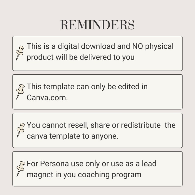 K&ouml;nnte beinhalten: Eine Liste mit Hinweisen f&uuml;r einen digitalen Download. Die Hinweise lauten: Dies ist ein digitaler Download und es wird KEIN physisches Produkt an Sie geliefert. Diese Vorlage kann nur in Canva.com bearbeitet werden. Sie d&uuml;rfen die Canva-Vorlage weder weiterverkaufen, noch teilen oder weitergeben. Nur f&uuml;r den pers&ouml;nlichen Gebrauch oder als Leadmagnet in Ihrem Coaching-Programm.