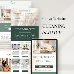 Puede incluir: Un diseño de sitio web verde y blanco para un servicio de limpieza. El sitio web presenta una foto de una sala de estar con un sofá y una mesa de café. El texto en el sitio web dice "Canva Website Cleaning Service" y "Spotless Clean, Every Time".