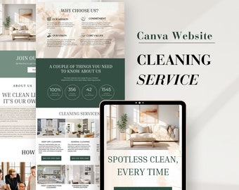 May include: A green and white website design for a cleaning service. The website features a photo of a living room with a couch and a coffee table. The text on the website says "Canva Website Cleaning Service" and "Spotless Clean, Every Time".