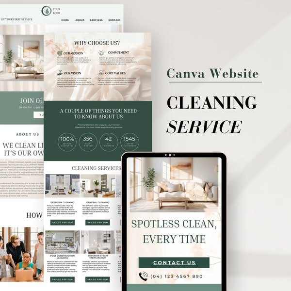 Plantilla de sitio web de limpieza Diseño de sitio web editable en Canva para servicios de limpieza comercial, sitio web empresarial de limpieza de casas de conserjería