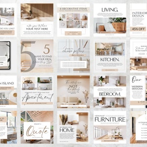 May include: A collection of social media posts for an interior design business. The posts feature images of various rooms, furniture, and decor, along with text about the business's services and offerings. The posts are designed in a minimalist style with a neutral color palette.