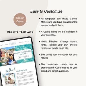 May include: Website template for a travel consultant, featuring a colorful image of a seaside town and the text "Creating Unforgettable Journeys". The template is made in Canva and is fully customizable.