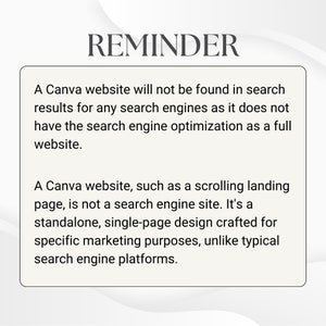 May include: A reminder that Canva websites, such as scrolling landing pages, are not search engine sites. They are standalone, single-page designs crafted for specific marketing purposes, unlike typical search engine platforms.