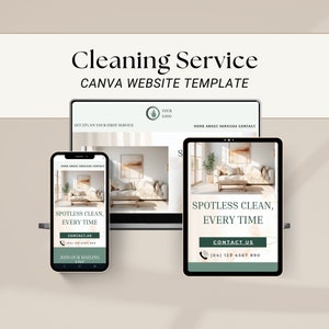 Pode incluir: Maquete digital de um modelo de site de serviço de limpeza exibido em um tablet, smartphone e tela de computador. O texto inclui "Cleaning Service" e "Spotless Clean, Every Time."
