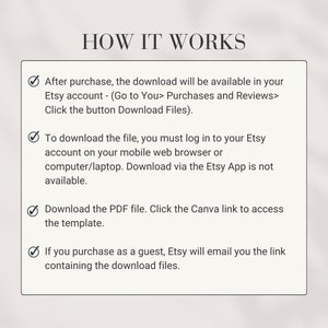 K&ouml;nnte beinhalten: Eine Checkliste mit Anweisungen zum Herunterladen eines digitalen Produkts, das auf Etsy gekauft wurde. Die Anweisungen beinhalten Informationen zum Herunterladen der Datei nach dem Kauf, zum Anmelden bei Ihrem Etsy-Konto, um die Datei herunterzuladen, sowie zum Herunterladen der PDF-Datei und des Canva-Links, um auf die Vorlage zuzugreifen.