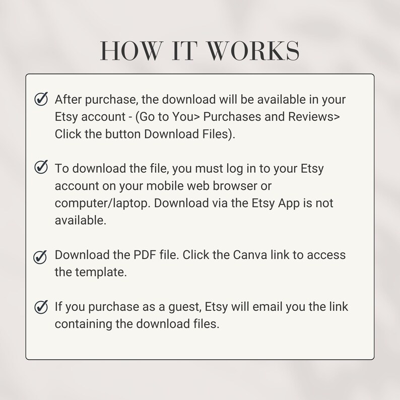 K&ouml;nnte beinhalten: Eine Checkliste mit Anweisungen zum Herunterladen eines digitalen Produkts, das auf Etsy gekauft wurde. Die Anweisungen beinhalten Informationen zum Herunterladen der Datei nach dem Kauf, zum Anmelden bei Ihrem Etsy-Konto, um die Datei herunterzuladen, sowie zum Herunterladen der PDF-Datei und des Canva-Links, um auf die Vorlage zuzugreifen.