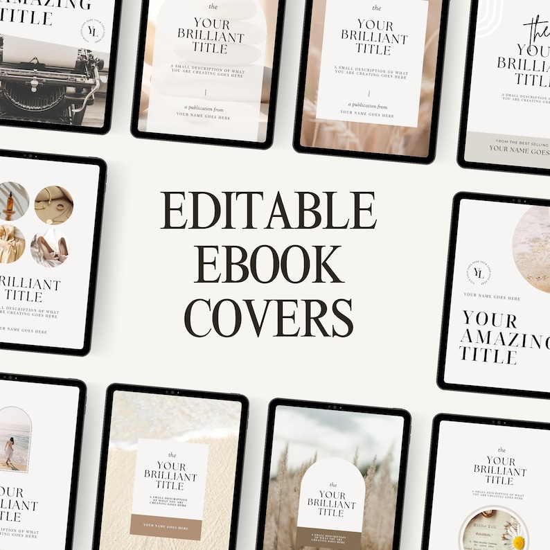 May include: Editable ebook covers with different designs. The covers feature various backgrounds, including a typewriter, a beach scene, and a field of grass. The text on the covers reads "Your Brilliant Title" and "Your Amazing Title".