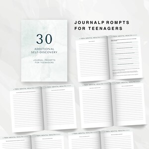 K&ouml;nnte beinhalten: Ein t&uuml;rkisfarbener und wei&szlig;er Journal-Umschlag mit dem Text "30 Additional Self-Discovery Journal Prompts for Teenagers". Das Journal hat linierte Seiten zum Schreiben und den Text "Teen Mental Health Workbook" auf jeder Seite.