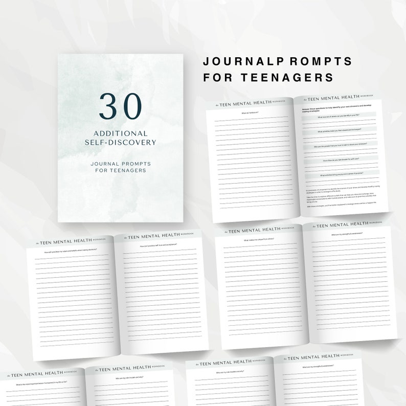 K&ouml;nnte beinhalten: Ein t&uuml;rkisfarbener und wei&szlig;er Journal-Umschlag mit dem Text "30 Additional Self-Discovery Journal Prompts for Teenagers". Das Journal hat linierte Seiten zum Schreiben und den Text "Teen Mental Health Workbook" auf jeder Seite.