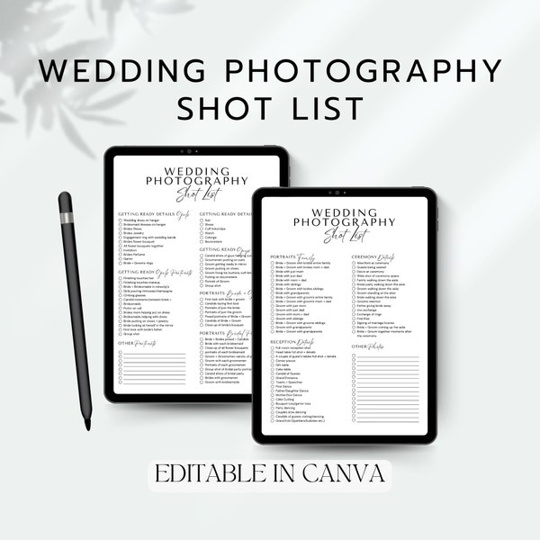 Wedding Photo Checklist, Photographer Shot List Wedding Photography Guide list, Photo Shoot Timeline Template