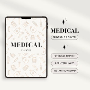 May include: A digital planner with a medical theme. The cover features a white background with a repeating pattern of medical icons, including a syringe, thermometer, pill bottle, and test tube. The text "MEDICAL PLANNER" is displayed in black at the centre of the cover.