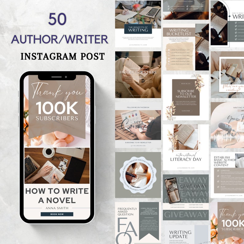以下が含まれることがあります： 作家やライター向けのInstagram投稿アイデアのコラージュ。投稿には、執筆、本のプロモーション、作家ブランドの構築に関するヒントが含まれています。投稿はさまざまな色とフォントを使用しており、本、ラップトップ、コーヒーの画像が含まれています。
